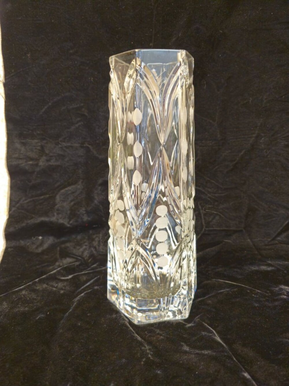 Vintage Etched Crystal Vase With Geometric Dot Pattern 11-Inch Tall Hexagonal Ba - Picture 6 of 13